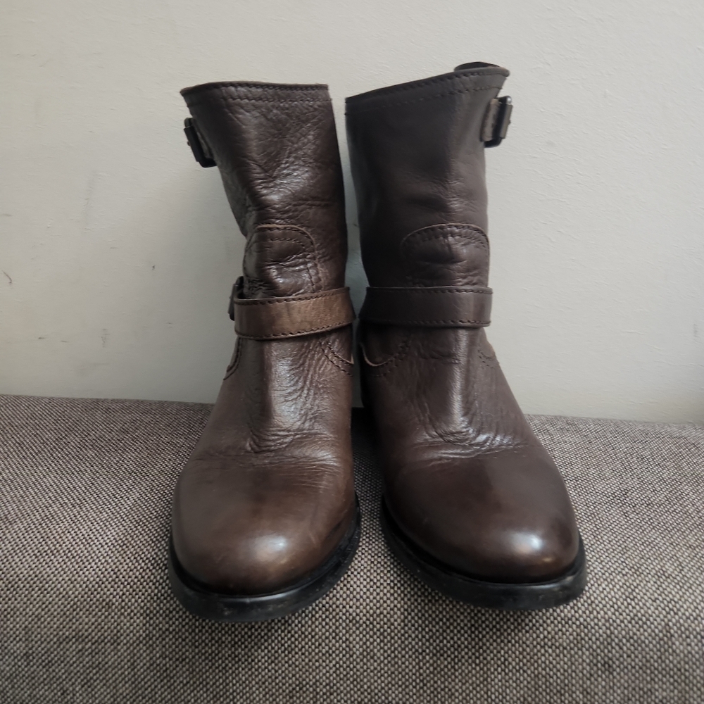 PRADA DOUBLE BUCKLE MOTORCYCLE MOTO BOOTS Brown LEATHER BIKER BOOTS Sz 39.5/9 - Picture 2 of 8